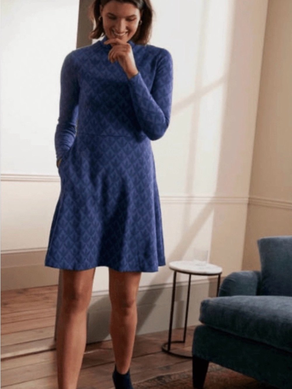 Boden High Neck Jacquard Blue Textured Knit Long-Sleeve A-Line Dress